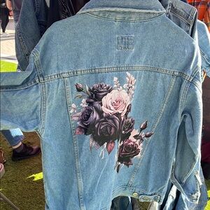 Forever 21 Blue and Black Jean Jacket with Floral Design and Classic Style